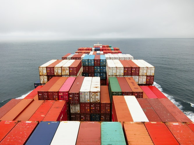 Containers on a ship as seen from the bridge of the vessel