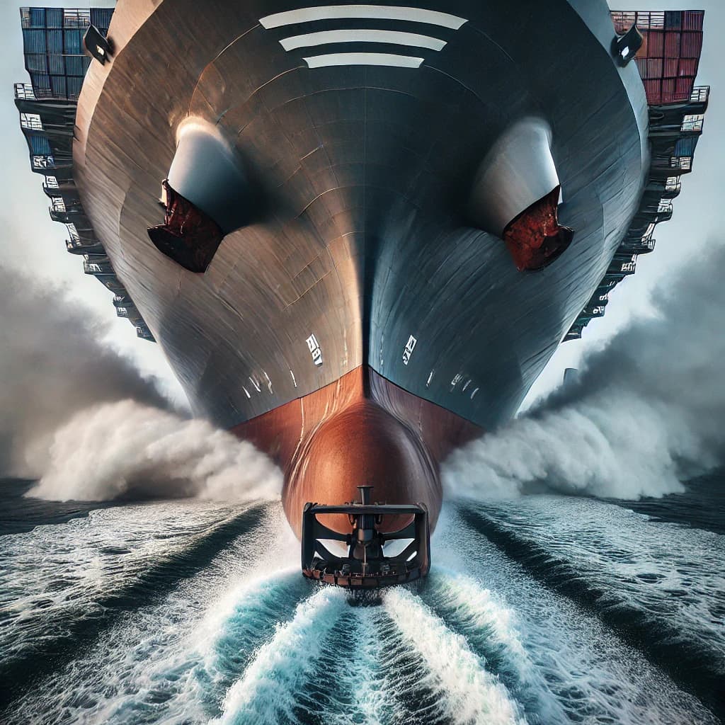 Close up of a container ship's rudder